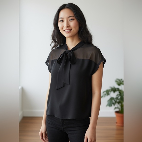 THE LIMITED M Black Jersey Top Chiffon Sheer Shoulder Neck Tie R $35 - Picture 11 of 11